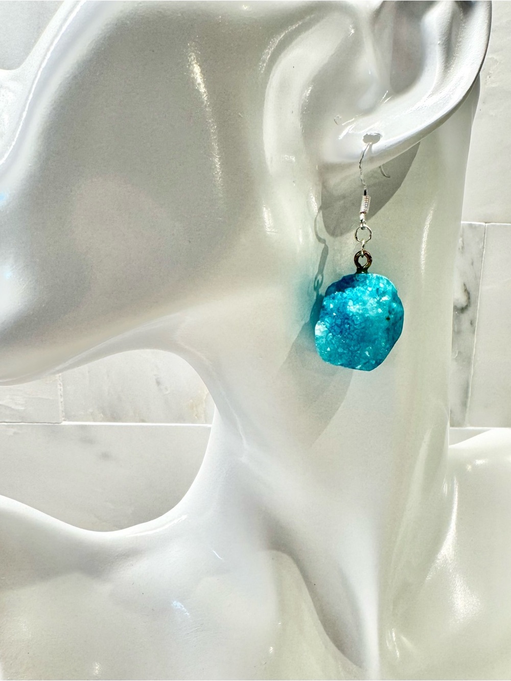 New Mini Natural Aqua Blue Druzy Crystal Geode Silver Dangle Earrings